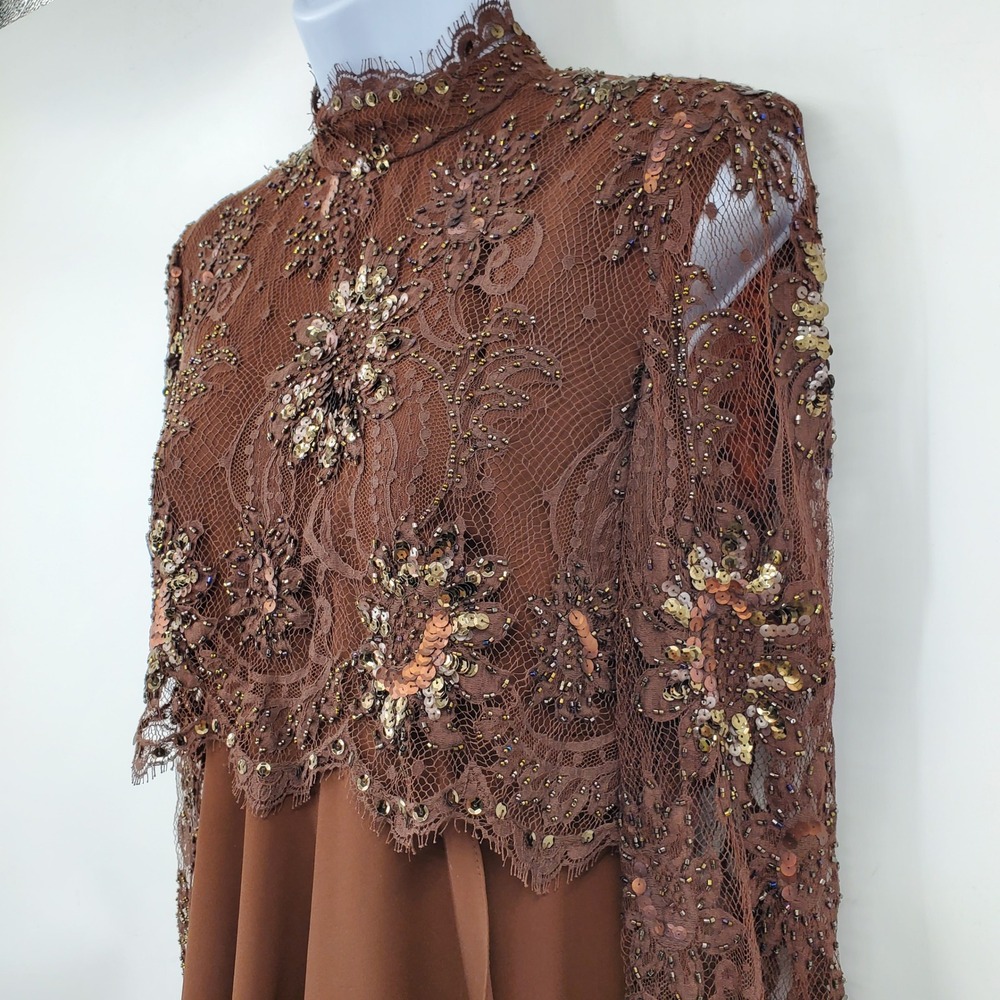 Jour Et Nuit Jackie Bernard Brown Beaded Lace Georgette Mock Neck Dress 4 Formal - Picture 3 of 10